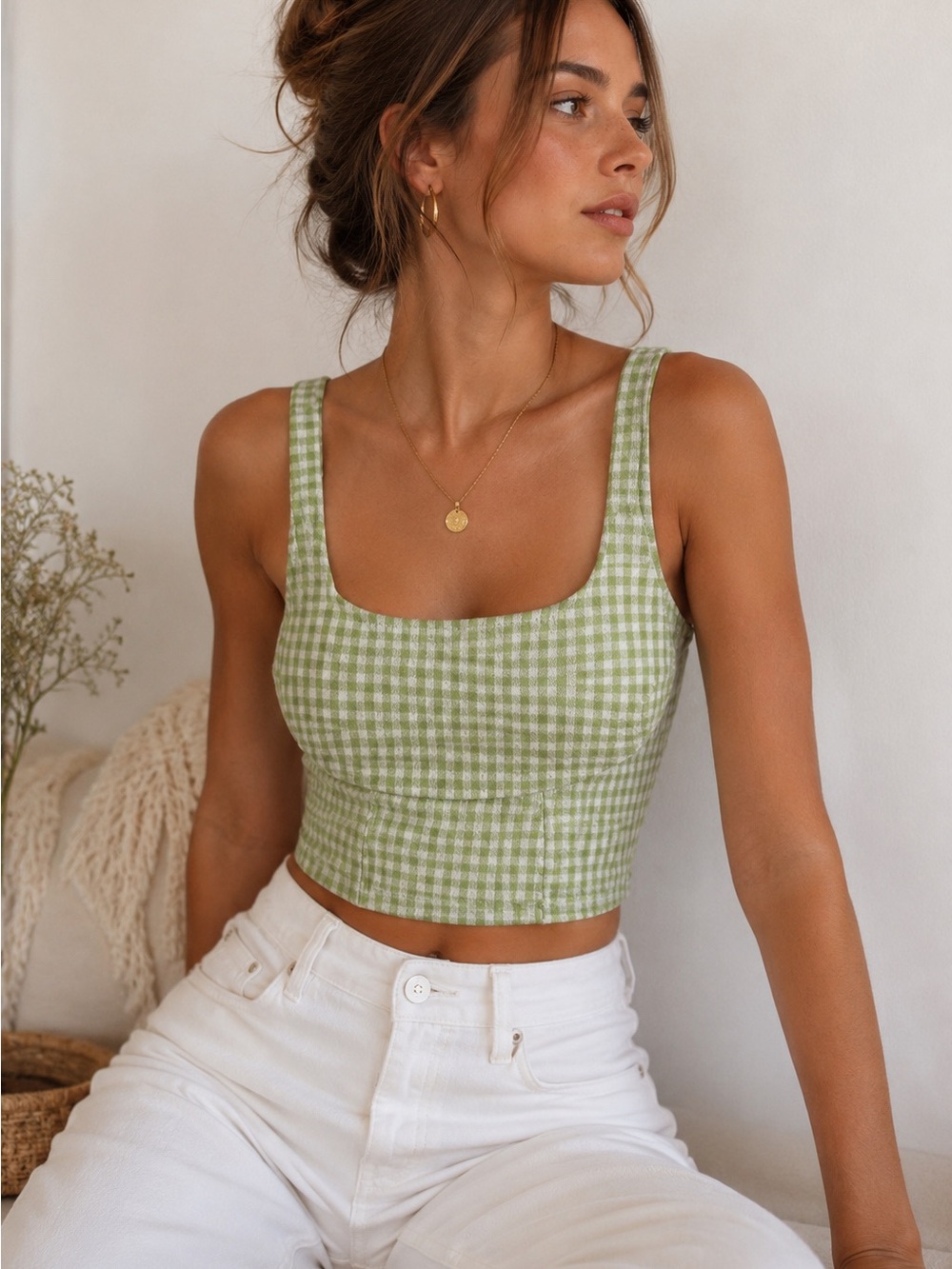 Zara Scoop Neck Gingham Crop Tank Top - Green & White